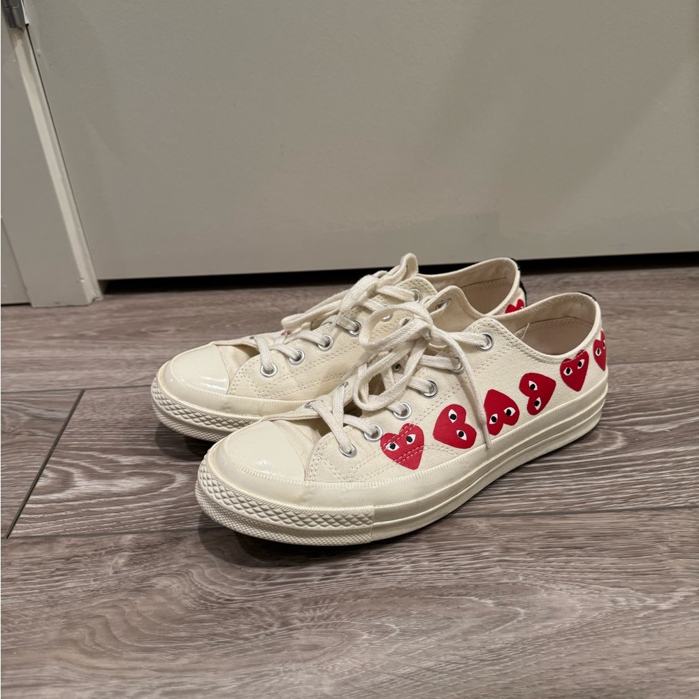 Comme des Garçons PLAY Cream Canvas Sneakers with Red Heart Print